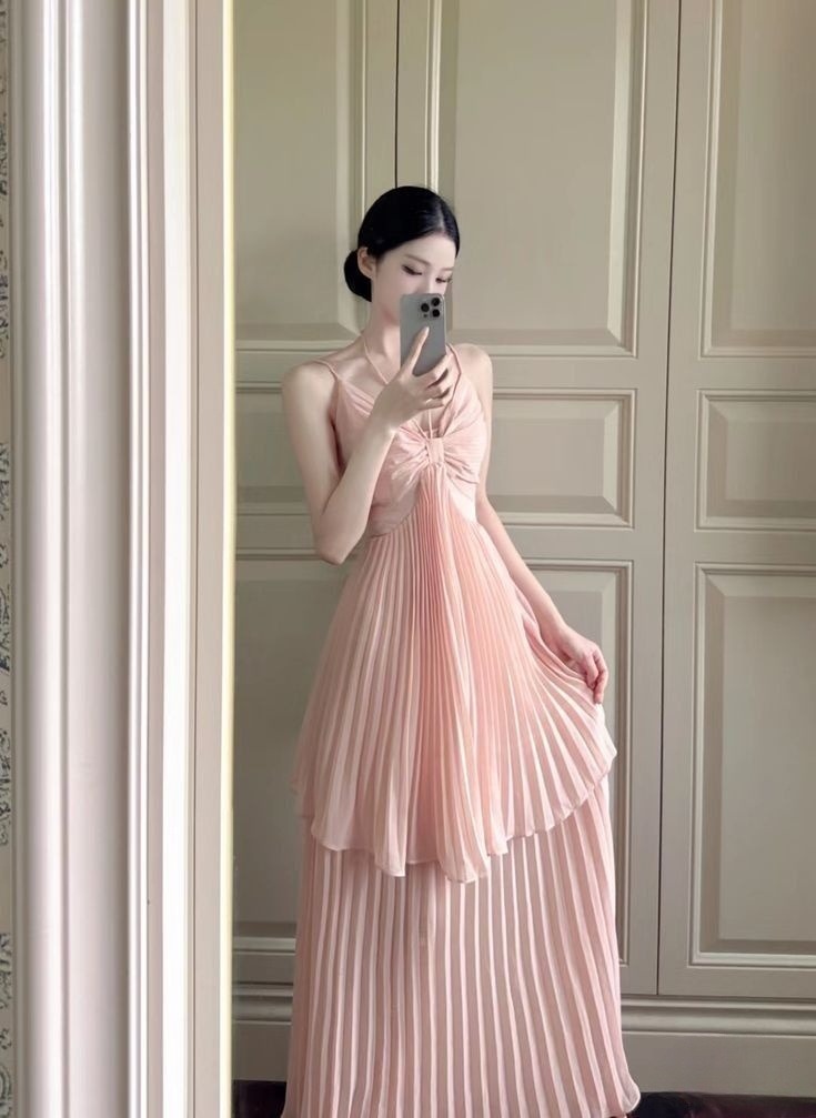 Fairy A Line Spaghetti Straps Soft Pink Chiffon Pleated Backless Long Prom Dress,Evening Dress GG1496