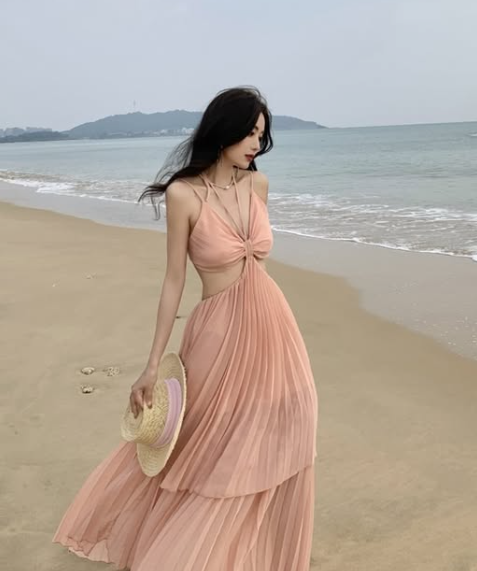 Fairy A Line Spaghetti Straps Soft Pink Chiffon Pleated Backless Long Prom Dress,Evening Dress GG1496