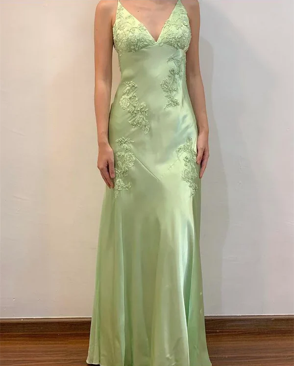 Charming Mermaid Spaghetti Straps Sage Satin Applique Long Prom Dress,Evening Dress GG1505