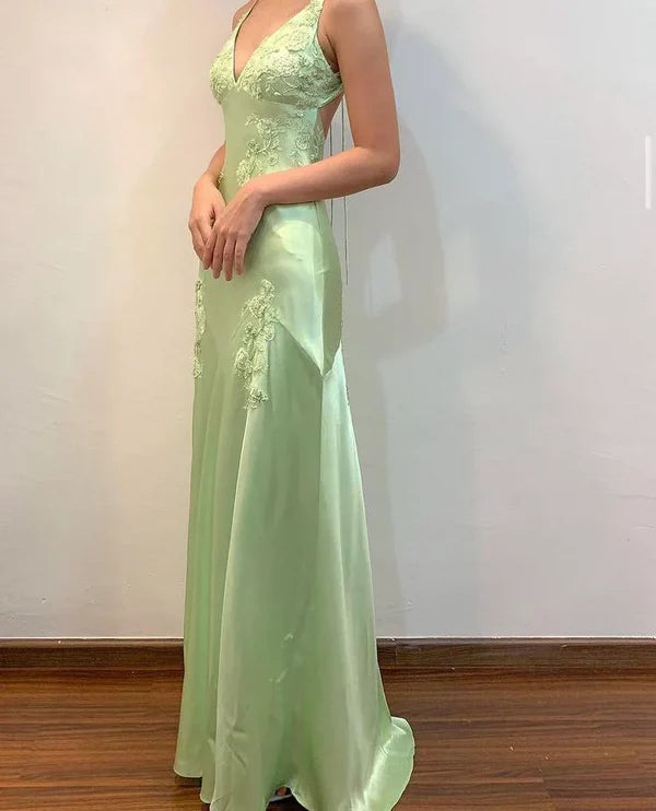 Charming Mermaid Spaghetti Straps Sage Satin Applique Long Prom Dress,Evening Dress GG1505