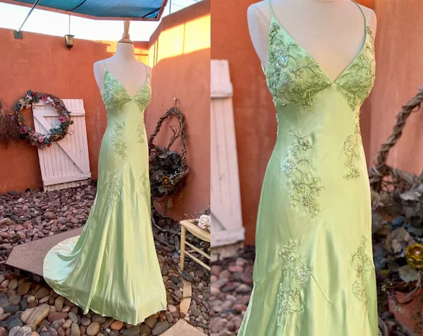 Charming Mermaid Spaghetti Straps Sage Satin Applique Long Prom Dress,Evening Dress GG1505