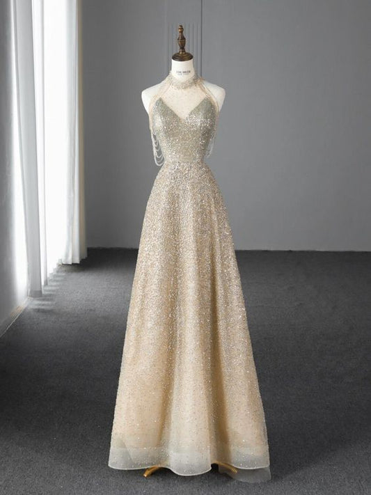 Shiny A Line Halter Light Champagne Sequins Beading Long Prom Dresses,Evening Dresses GG151