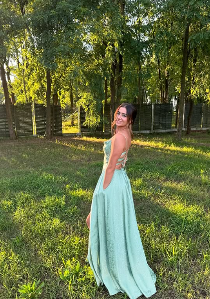 Charming A Line Spaghetti Straps Mint Green Satin Printing With Pocket Long Prom Dress,Evening Dress GG1510