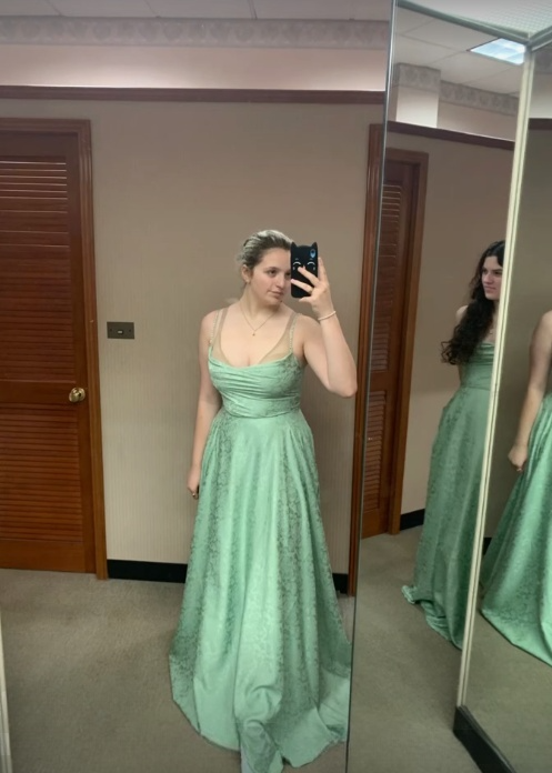 Charming A Line Spaghetti Straps Mint Green Satin Printing With Pocket Long Prom Dress,Evening Dress GG1510