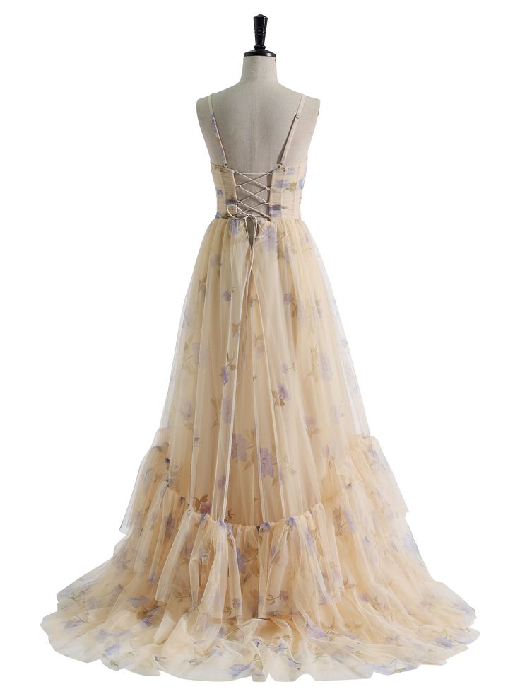 Beautiful A Line Spaghetti Straps Printed Tulle With Embroidery Lace Tiered Long Prom Dress,Evening Dresses GG159