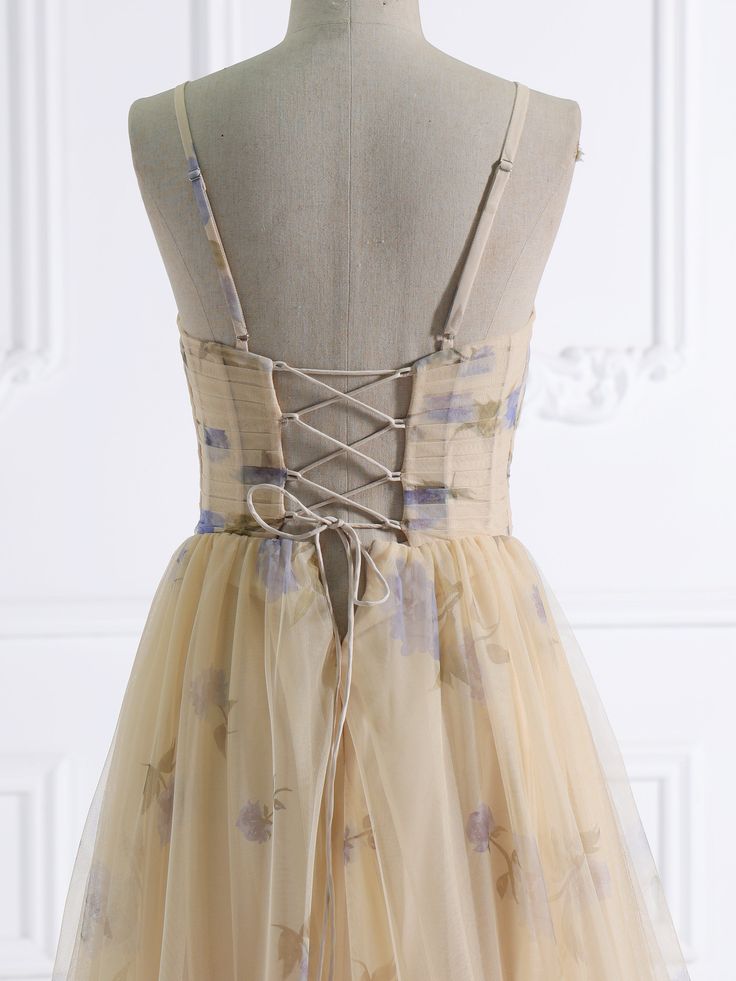 Beautiful A Line Spaghetti Straps Printed Tulle With Embroidery Lace Tiered Long Prom Dress,Evening Dresses GG159