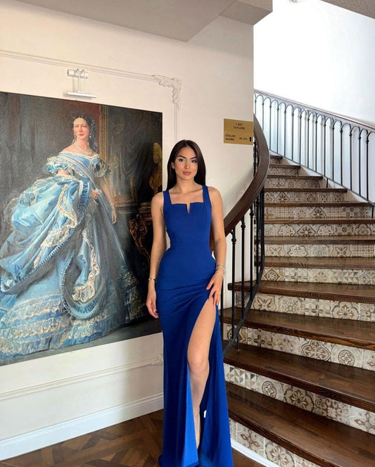 Charming Mermaid Square Royal Blue Satin Slit Long Prom Dress,Evening Dress GG1597