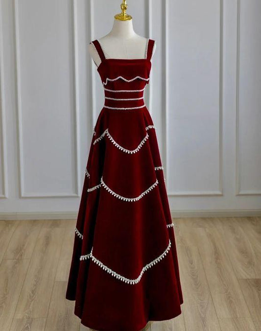 Chic A Line Square Wine Red Satin Pearl Long Prom Dress, Evening Dresses GG161