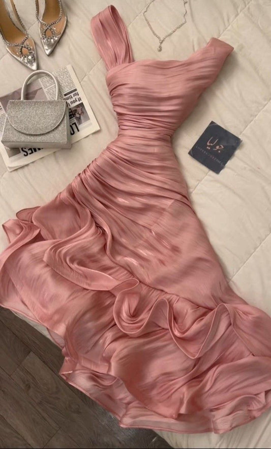 Beautiful A Line Peach Silk Satin Pleated Tea Length Prom Dress,Evening Dress GG1626