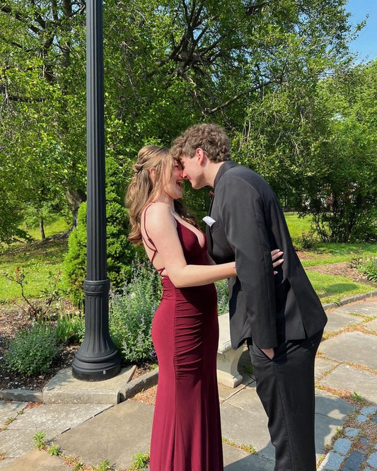 Charming Mermaid Spaghetti Straps V Neck Burgundy Satin Pleated Long Prom Dress,Evening Dress GG1634