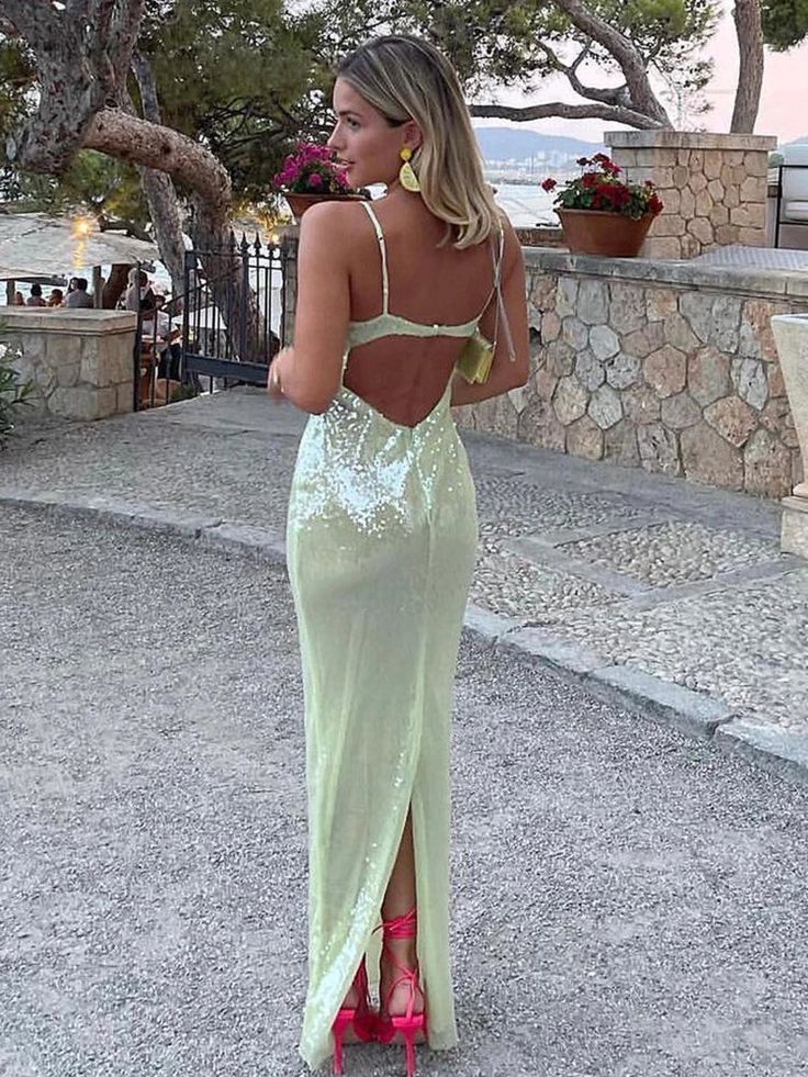 Glitter Mermaid Spaghetti Straps Sage Satin Sequin Long Prom Dress,Evening Dress GG1635