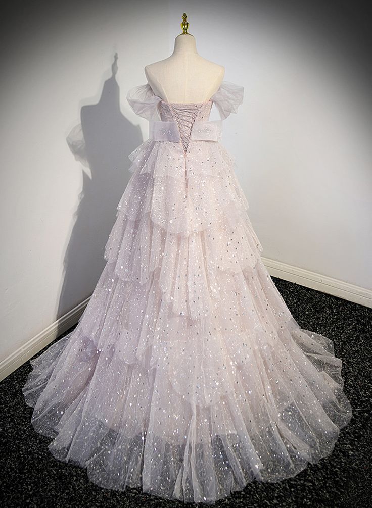 Chic A Line Lilac Off The Shoulder Sweetheart Tulle Ball Gown Beaded Shiny Long Prom Dress, Lilac Wedding Dresses,Evening Dresses GG164