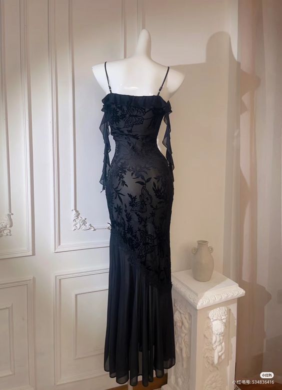 Charming Mermaid Spaghetti Straps Black Chiffon Ruffles Applique Long Prom Dress,Evening Dress GG1643