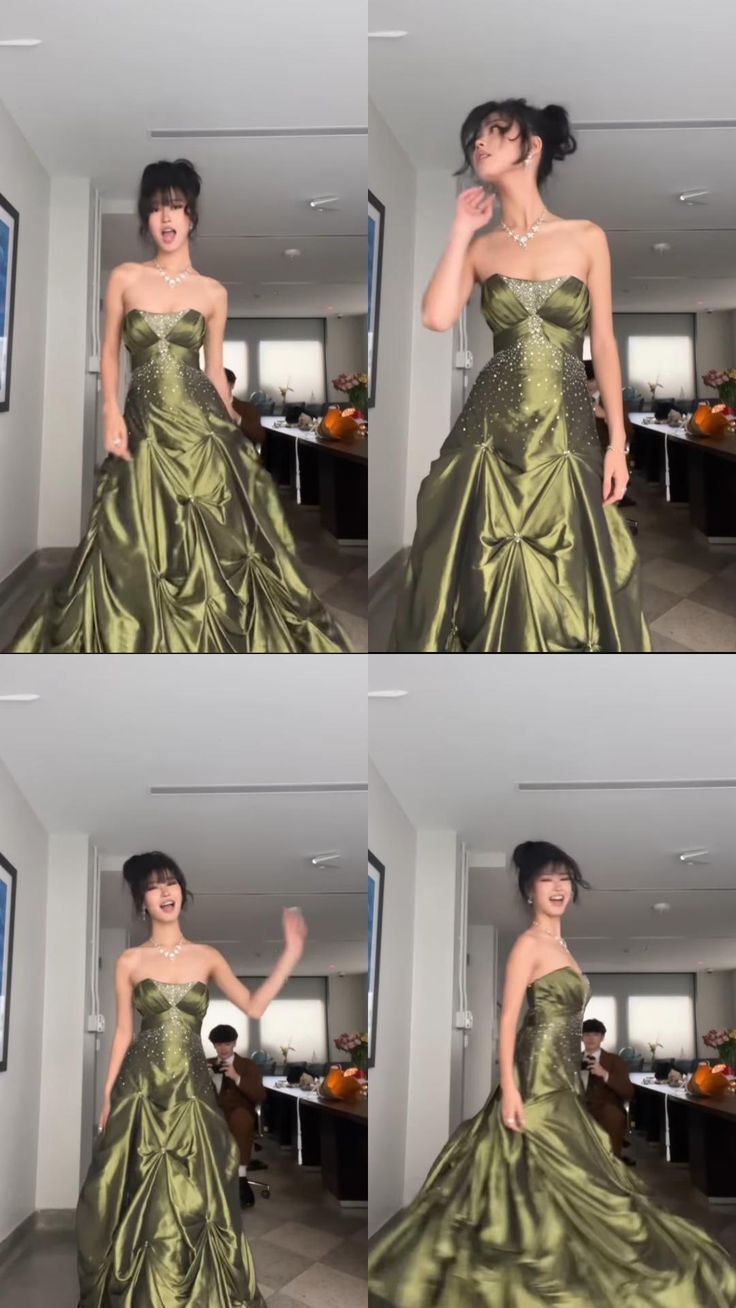 Vintage Ball Gown Strapless Green Satin Beaded Long Prom Dress,Evening Dress GG1644