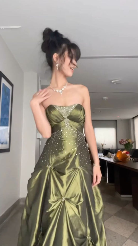 Vintage Ball Gown Strapless Green Satin Beaded Long Prom Dress,Evening Dress GG1644