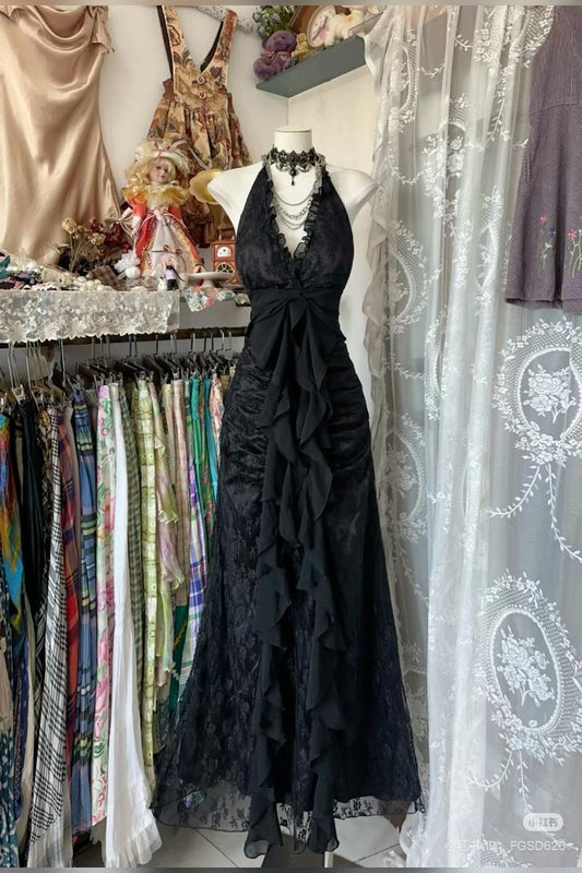 Charming A Line Halter Black Lace Ruffles Pleated Long Prom Dress,Evening Dress GG1645