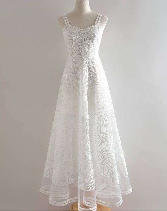 Unique A Line White Sweetheart Spaghetti Straps Lace Applique Long Prom Dress, Evening Dresses GG165