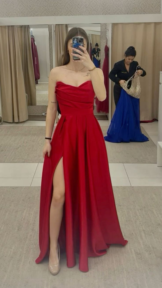 Beautiful A Line Strapless Red Satin Pleated Slit Long Prom Dress,Evening Dress GG1651