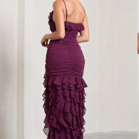 Pretty Mermaid Spaghetti Straps Burgundy Chiffon Ruffles Long Prom Dress,Evening Dress GG1667