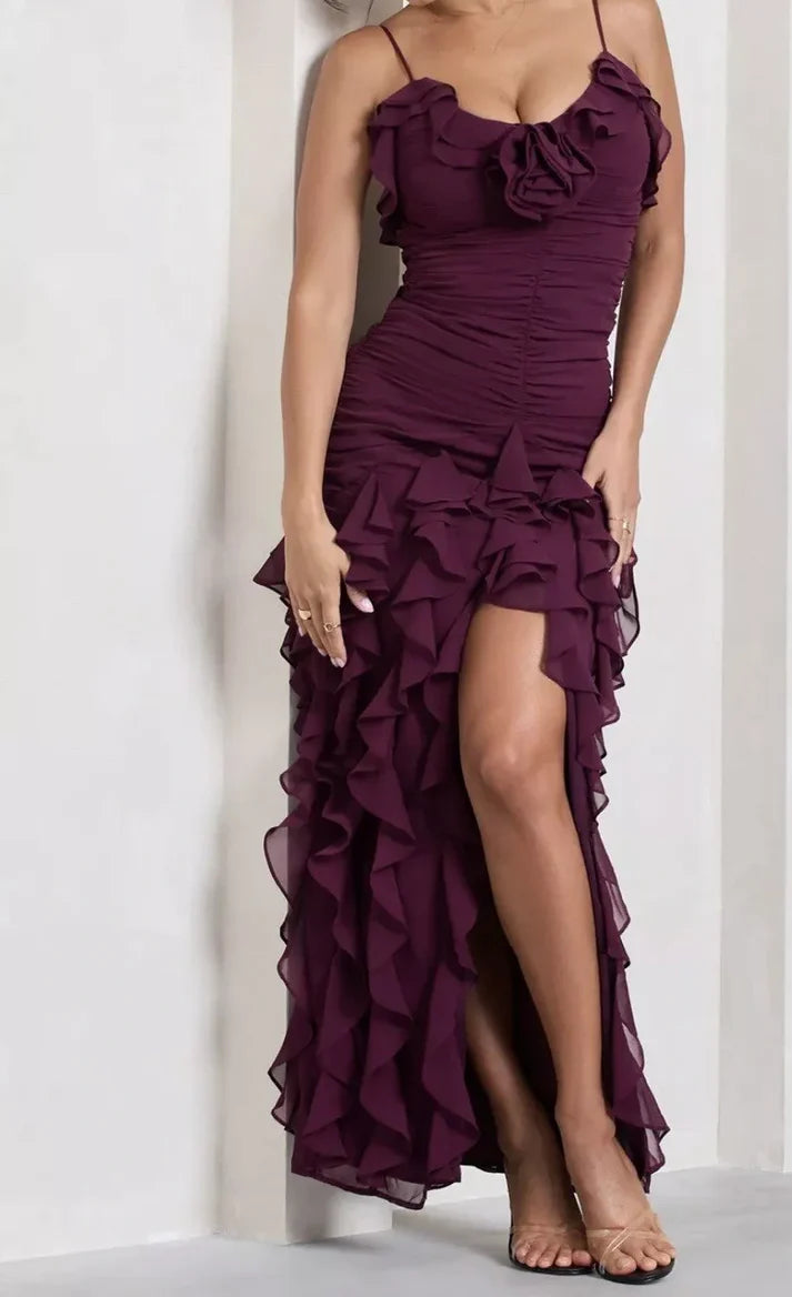 Pretty Mermaid Spaghetti Straps Burgundy Chiffon Ruffles Long Prom Dress,Evening Dress GG1667