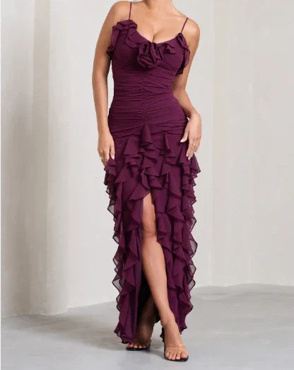 Pretty Mermaid Spaghetti Straps Burgundy Chiffon Ruffles Long Prom Dress,Evening Dress GG1667