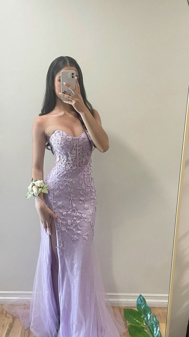 Pretty Mermaid Strapless Lilac Tulle Applique Slit Long Prom Dress,Evening Dress GG1674