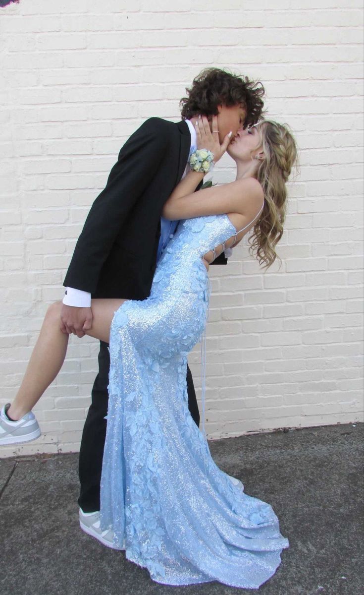 Shiny Mermaid Spaghetti Straps Pale Blue Satin Sequin Applique Slit Long Prom Dress,Evening Dress GG1678