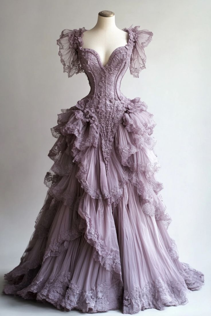 Vintage Ball Gown Sweetheart Dusty Purple Tulle Tiered Lace Long Prom Dress,Wedding Dress,Evening Dress GG1682