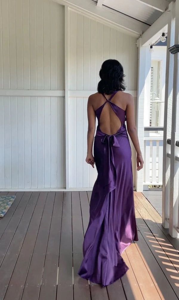 Charming Mermaid Halter Straps Purple Satin Backless Long  Prom Dress,Evening Dress GG1691