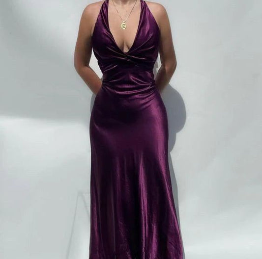 Charming Mermaid Halter Straps Purple Satin Backless Long  Prom Dress,Evening Dress GG1691