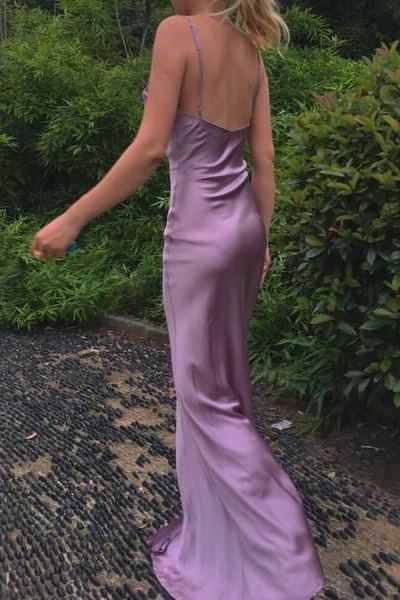 Elegant Mermaid Spaghetti Straps Satin Pleated Slit Long  Prom Dress,Evening Dress GG1692