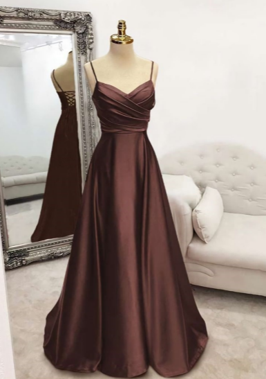 Elegant A Line Spaghetti Straps Satin Pleated Long Prom Dress,Bridesmaid Dress,Evening Dress GG1723