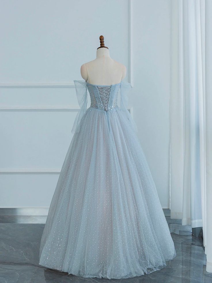 Shiny A Line Off The Shoulder Light Blue Long Sleeves Tulle Sequins Long Prom Dress, Long Sleeve Evening Dresses GG174