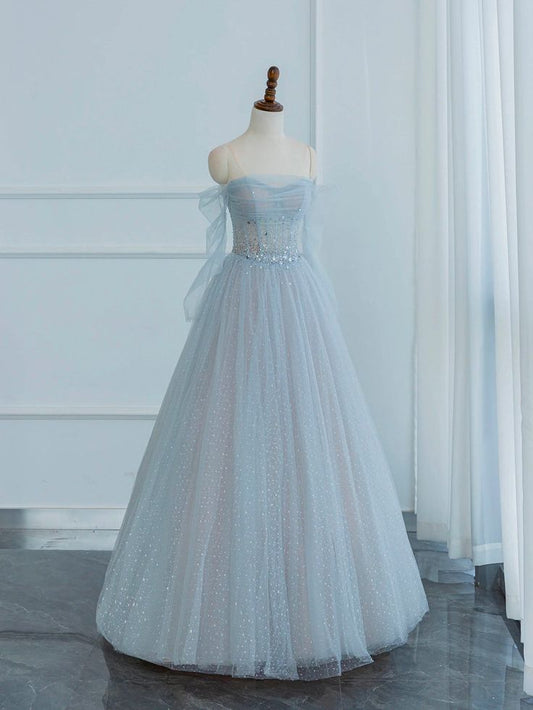 Shiny A Line Off The Shoulder Light Blue Long Sleeves Tulle Sequins Long Prom Dress, Long Sleeve Evening Dresses GG174