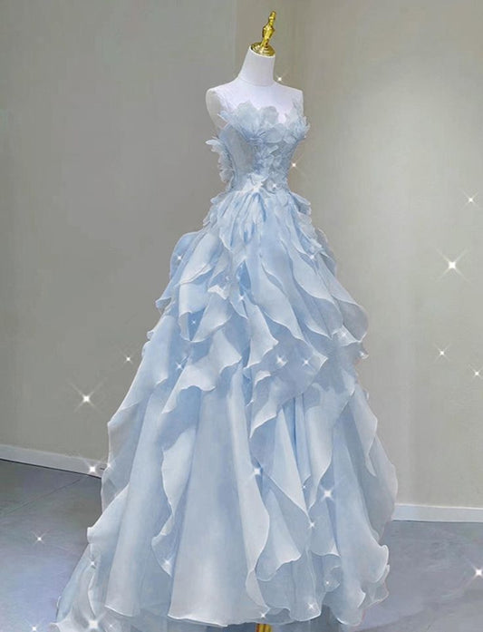 Chic A Line Strapless Ripple Light Blue Floral Chiffon Long Prom Dresses, Evening Dresses GG188