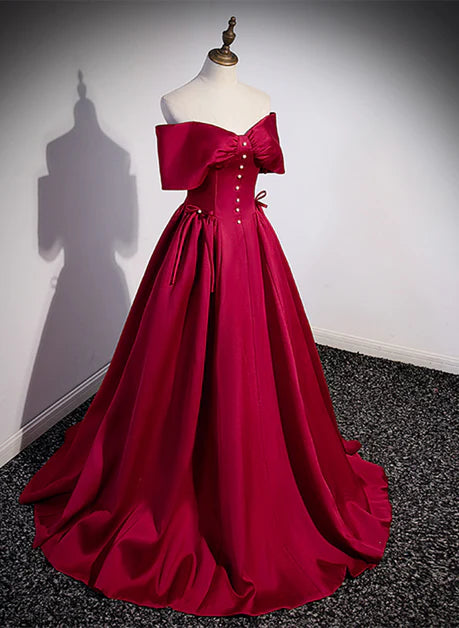 Sweet A Line Wine Red Satin Sweetheart Long Evening Dress, Wine Red Satin Prom Dress GG210