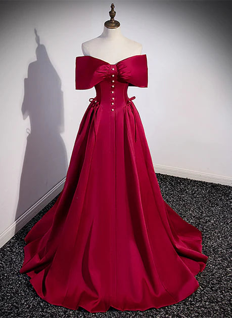 Sweet A Line Wine Red Satin Sweetheart Long Evening Dress, Wine Red Satin Prom Dress GG210