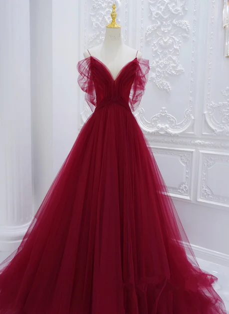 Elegant A Line Spaghetti Straps V Neckline Wine Red Tulle Long Prom Dress, Evening Dresses GG217