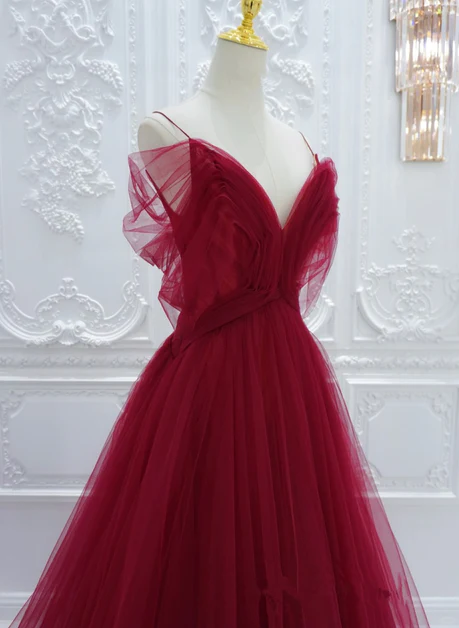 Elegant A Line Spaghetti Straps V Neckline Wine Red Tulle Long Prom Dress, Evening Dresses GG217