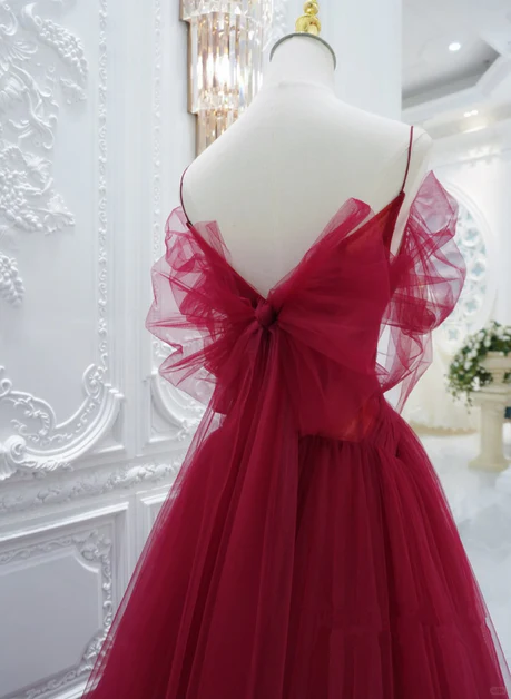 Elegant A Line Spaghetti Straps V Neckline Wine Red Tulle Long Prom Dress, Evening Dresses GG217