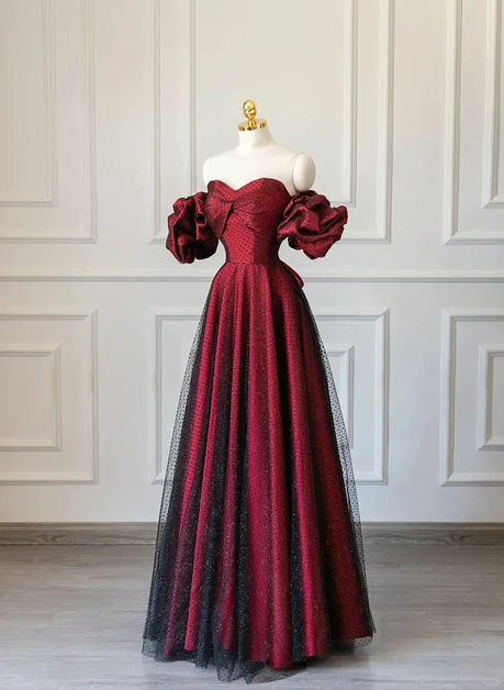 Elegant A Line Off The Shoulder Sweetheart Wine Red Satin Black Point Tulle Long Prom Dress,Evening Dresses GG221