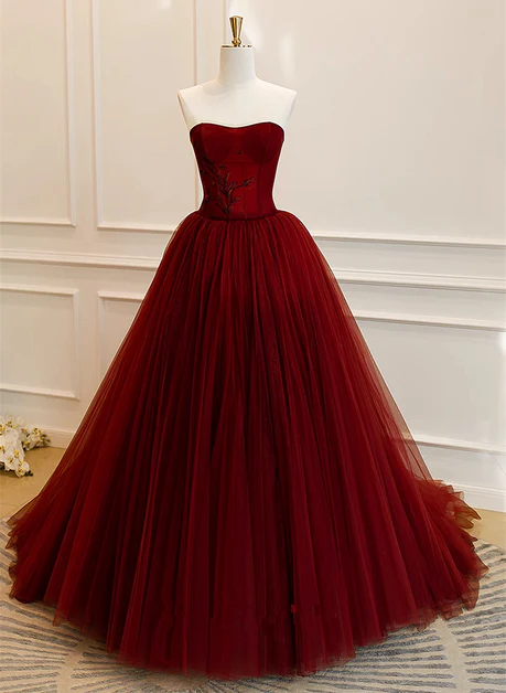 Elegant A Line Sweetheart Wine Red Embroidery Tulle Long Prom Dresses,Wedding Dresses,Evening Dresses GG223