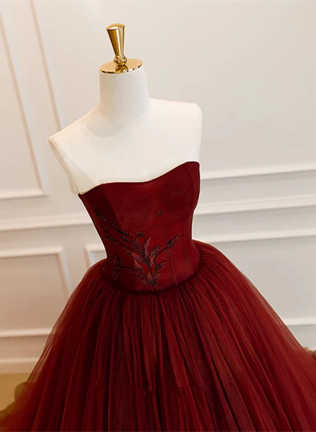 Elegant A Line Sweetheart Wine Red Embroidery Tulle Long Prom Dresses,Wedding Dresses,Evening Dresses GG223