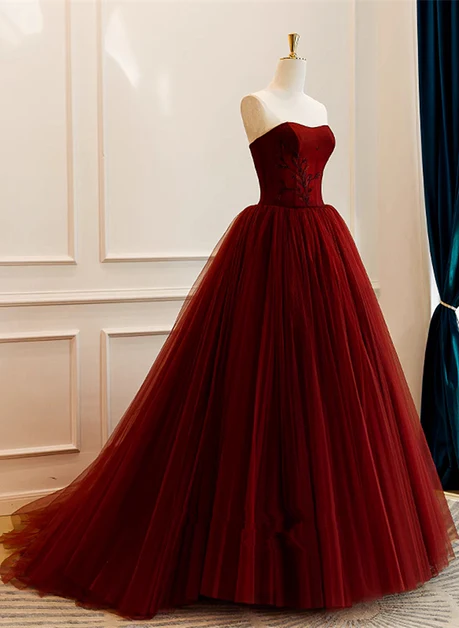 Elegant A Line Sweetheart Wine Red Embroidery Tulle Long Prom Dresses,Wedding Dresses,Evening Dresses GG223