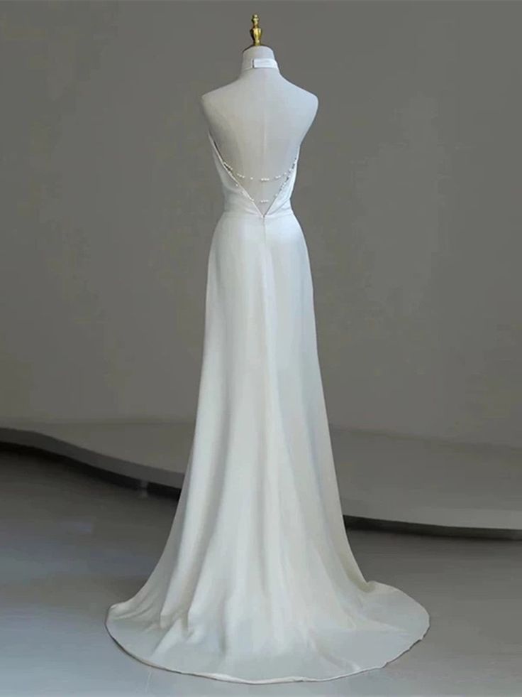 Elegant A Line Halter White Satin Backless Long Prom Dress,Wedding Dress,Evening Dress GG2311