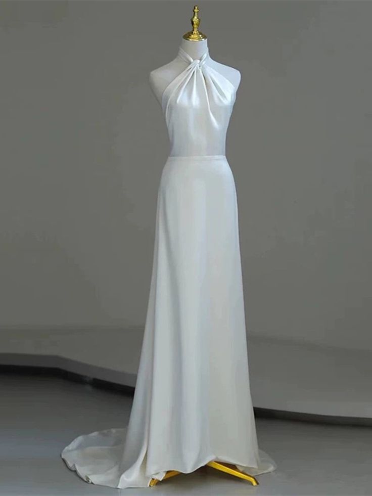 Elegant A Line Halter White Satin Backless Long Prom Dress,Wedding Dress,Evening Dress GG2311