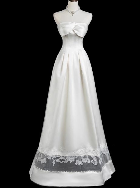 White A Line Strapless Satin Lace Long Prom Dress,Wedding Dress,Evening Dress GG2312