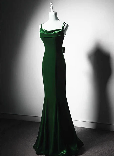 Lovely Mermaid Green Spaghetti Straps Low Back Velvet Bow Long Prom Dress, Evening Dresses  GG233