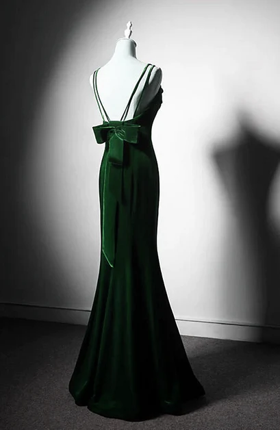 Lovely Mermaid Green Spaghetti Straps Low Back Velvet Bow Long Prom Dress, Evening Dresses  GG233