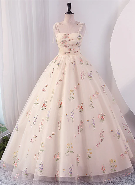 Sweet A Line Spaghetti Straps Lvory Floral Tulle Ball Gown  Long Prom Dress,Evening Dress GG238